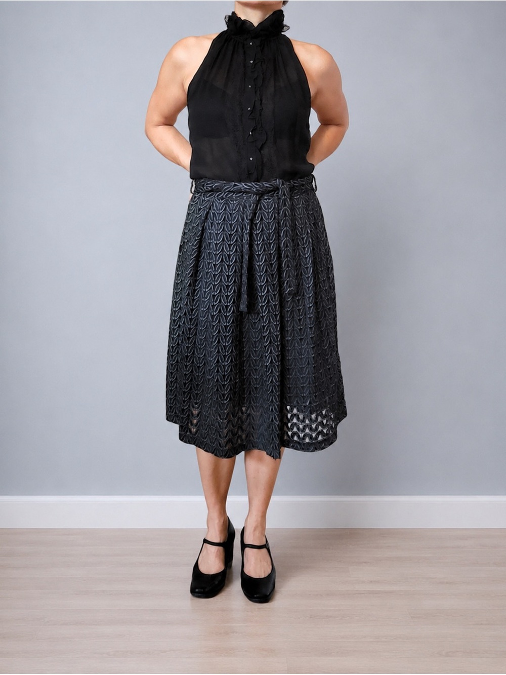 ICE Black Textured A-Line Midi Skirt with Braided Tie Belt Size M - Picture 2 of 9